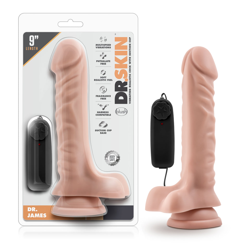 Blush Novelties Dr Skin Dr James Vibrating Cock With Suction Cup 9 Inch Vanilla