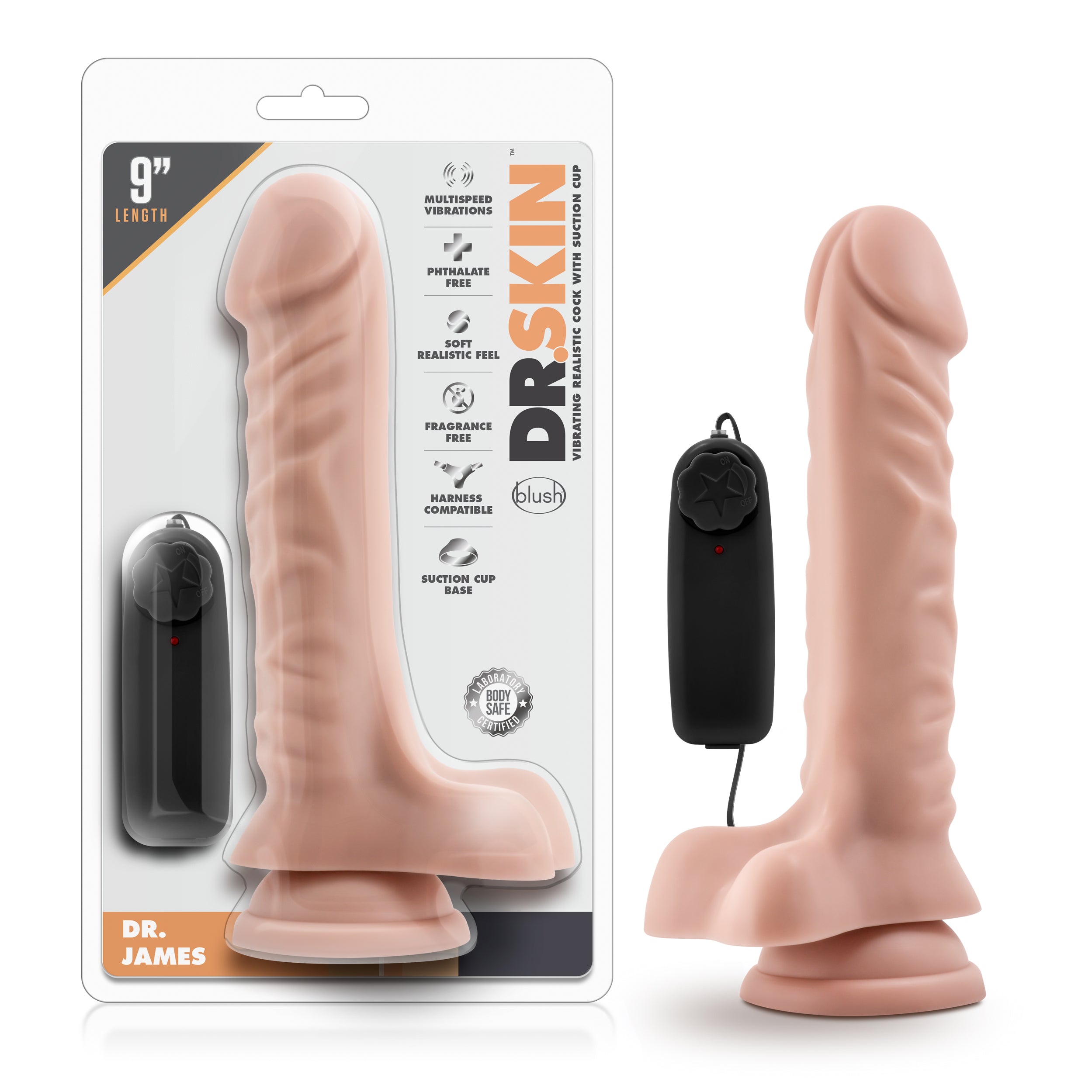 Blush Novelties Dr Skin Dr James Vibrating Cock With Suction Cup 9 Inch Vanilla