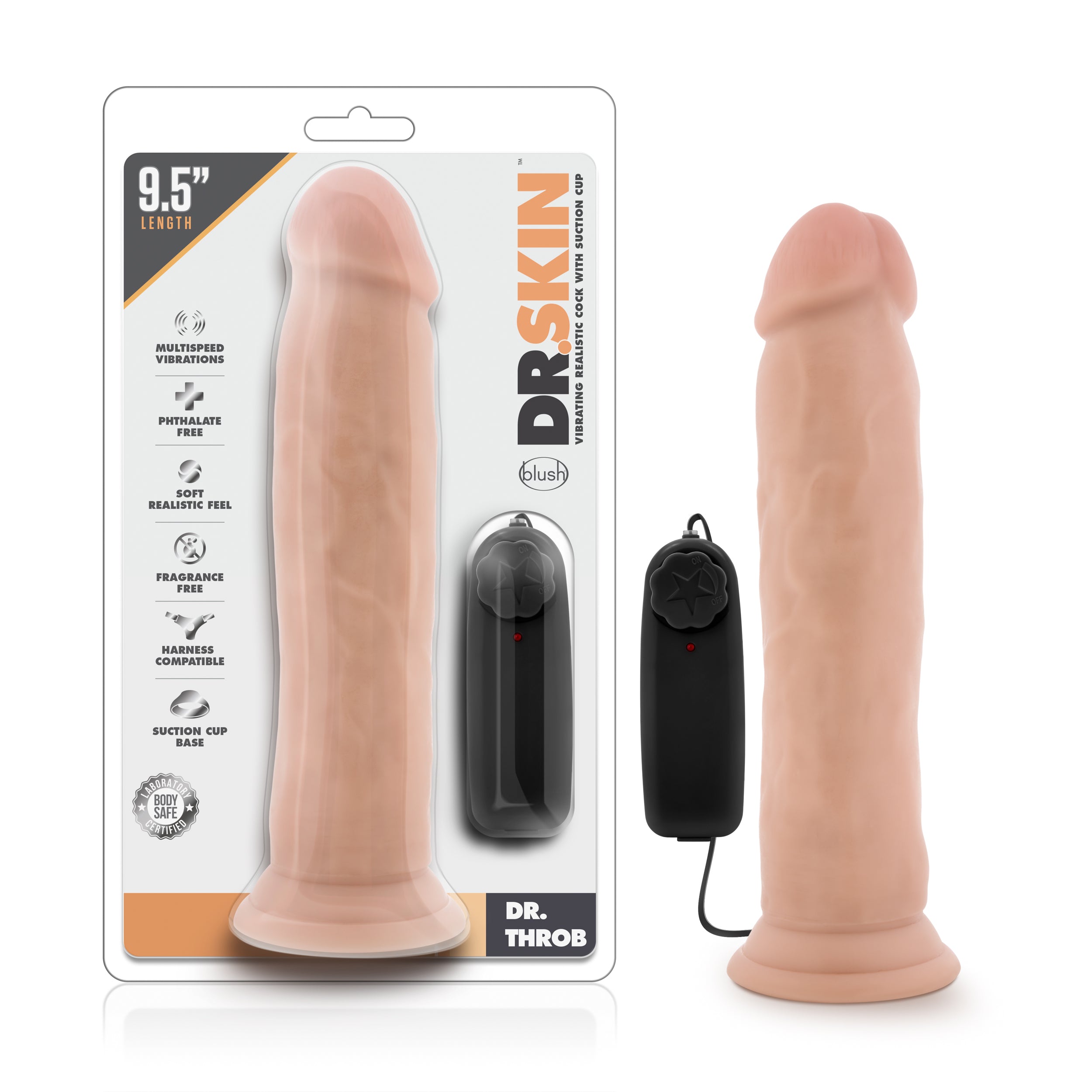 Blush Novelties Dr Skin Dr Throb Vibrating Realistic Cock With Suction Cup 9.5 Inch Vanilla