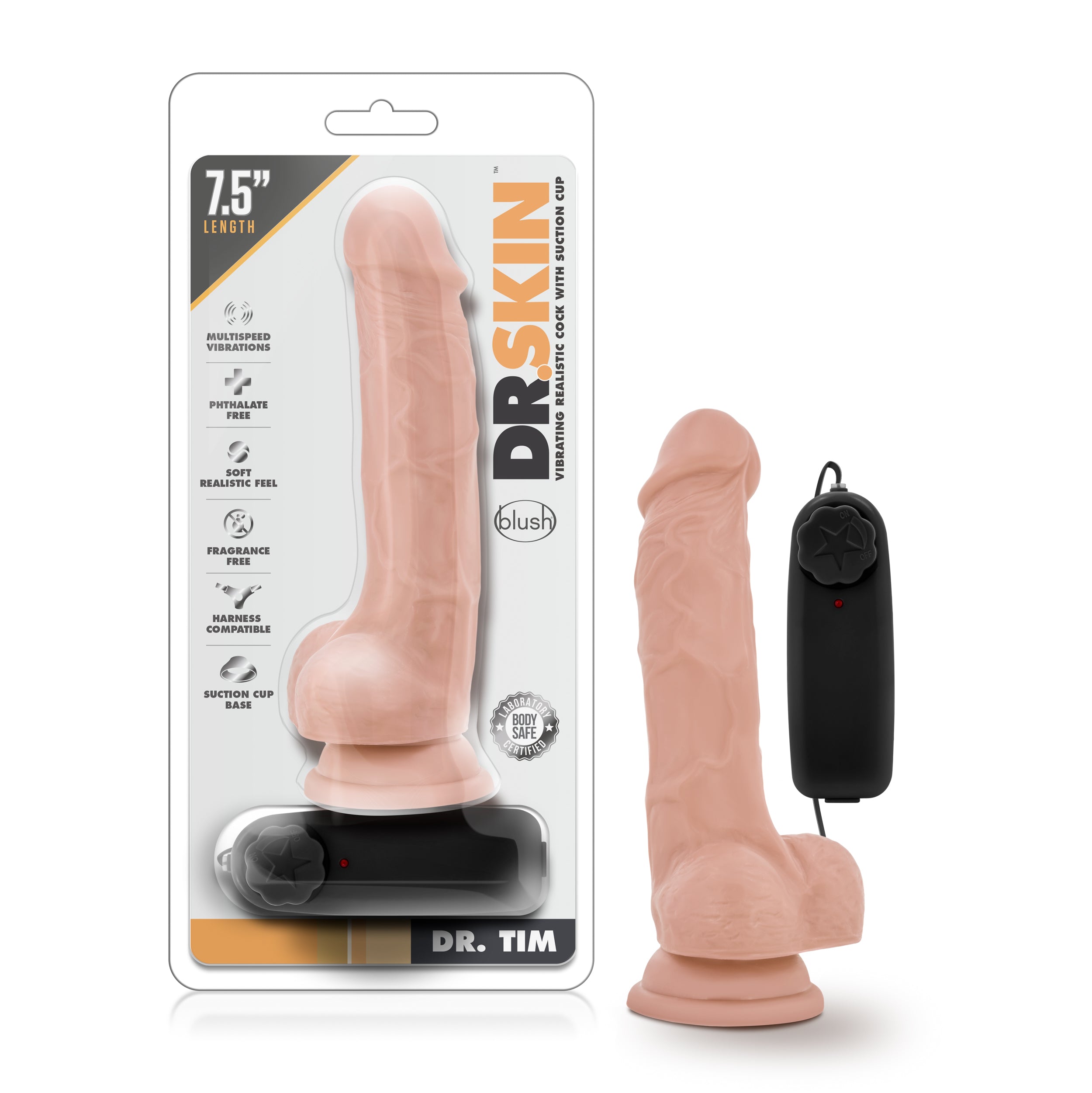 Blush Novelties Dr Skin Dr Tim Vibrating Cock With Suction Cup 7.5 Inch Vanilla