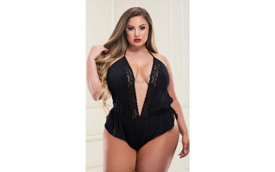 Baci Lingerie Sexy Satin Teddy With Deep V Neckline Black Queen