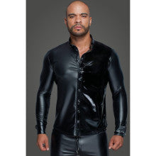 Noir Handmade Powerwetlook PVC Long Sleeved Mens Shirt With Button Placket