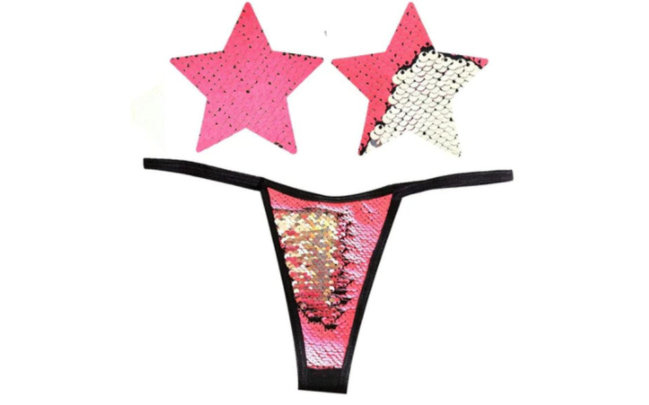 Neva Nude Bitchin Neon Pink & Silver Blacklight Sequin Pastie & Panty Set