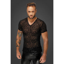 Noir Handmade Leopard Flock V-Neck Fetish Wear Mens T-Shirt