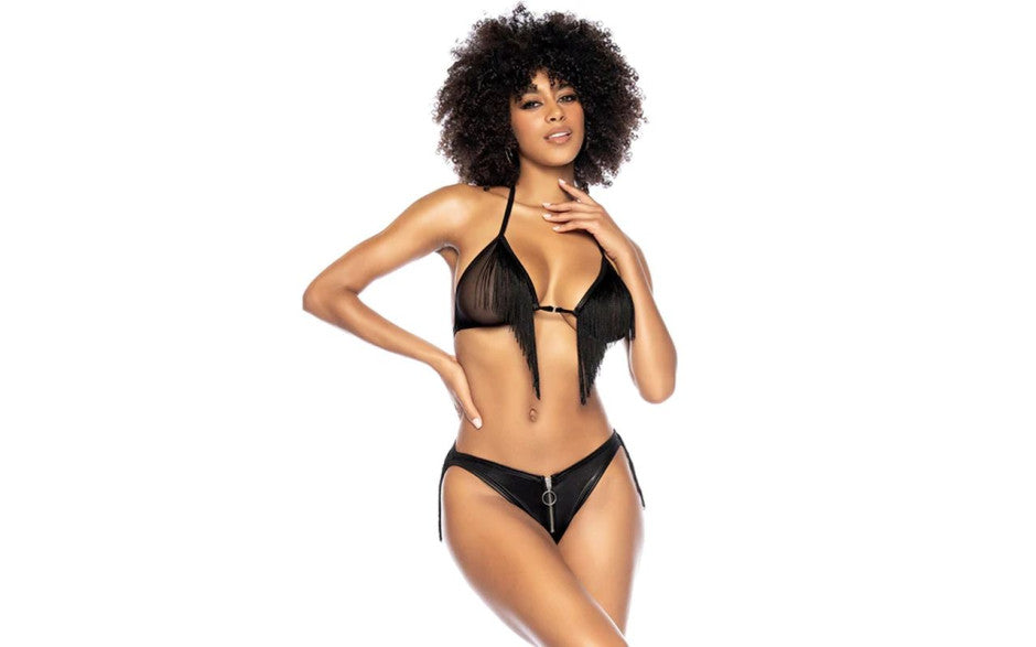 Mapale Fringe Halter 2 Piece Bra and Panty Set Black L / XL