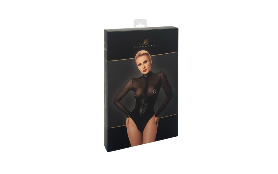 Noir Handmade Edge Wetlook and Mesh Bodysuit With Rings Black Medium