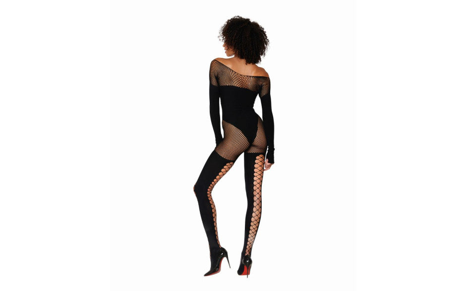 Dreamgirl Lingerie Seamless Opaque & Fishnet Bodystocking Black