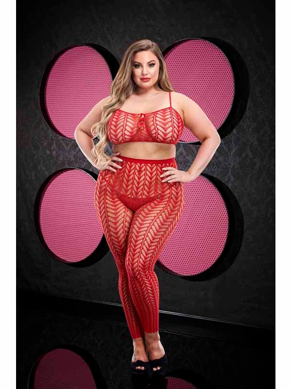 Lapdance Lingerie Jacquard Crop Top & Pants Set Red One Size