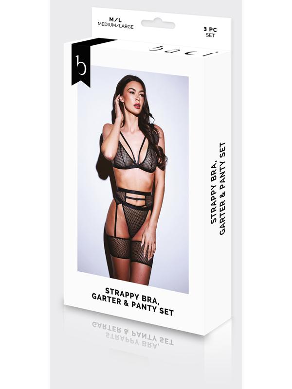 Baci 3 Piece Strappy Bra Garter & Panty Set Queen Black