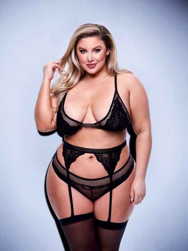 Baci 3 Piece Lace & Mesh Bra Garter & Panty Set Queen