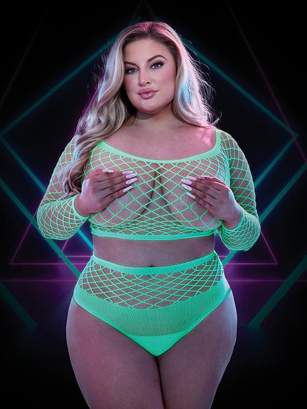 Lapdance 2pc Glow In The Dark Long Sleeve Crop Top & Panty Set Queen