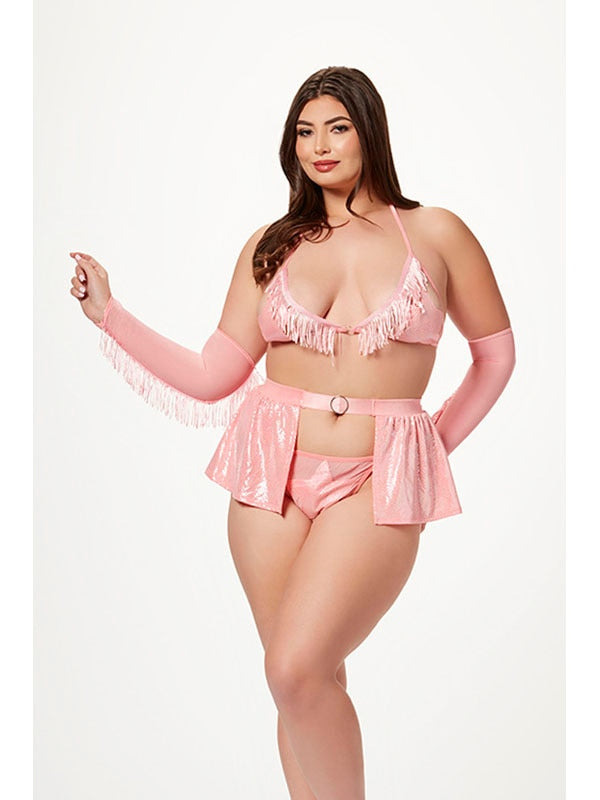 Seven Til Midnight Cowgirl Costume Set With Halter Bra Thong Panty Garter Skirt & Fingerless Gloves One Size Queen 4 Piece