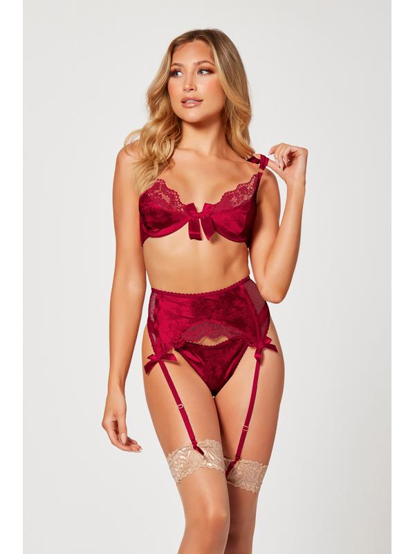 Seven Til Midnight Jacquard Bra Garter Belt & Panty Set Wine 3 Piece