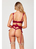 Seven Til Midnight Jacquard Bra Garter Belt & Panty Set Wine 3 Piece