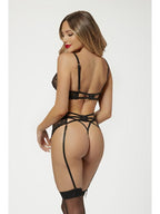 Seven Til Midnight Three Piece Bra Garter & Panty Set Black Small 3 Piece