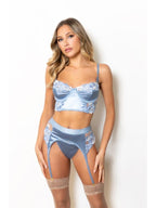 Seven Til Midnight Embroidered Floral Lace & Satin Long Line Bra With Underwire Blue 3 Piece