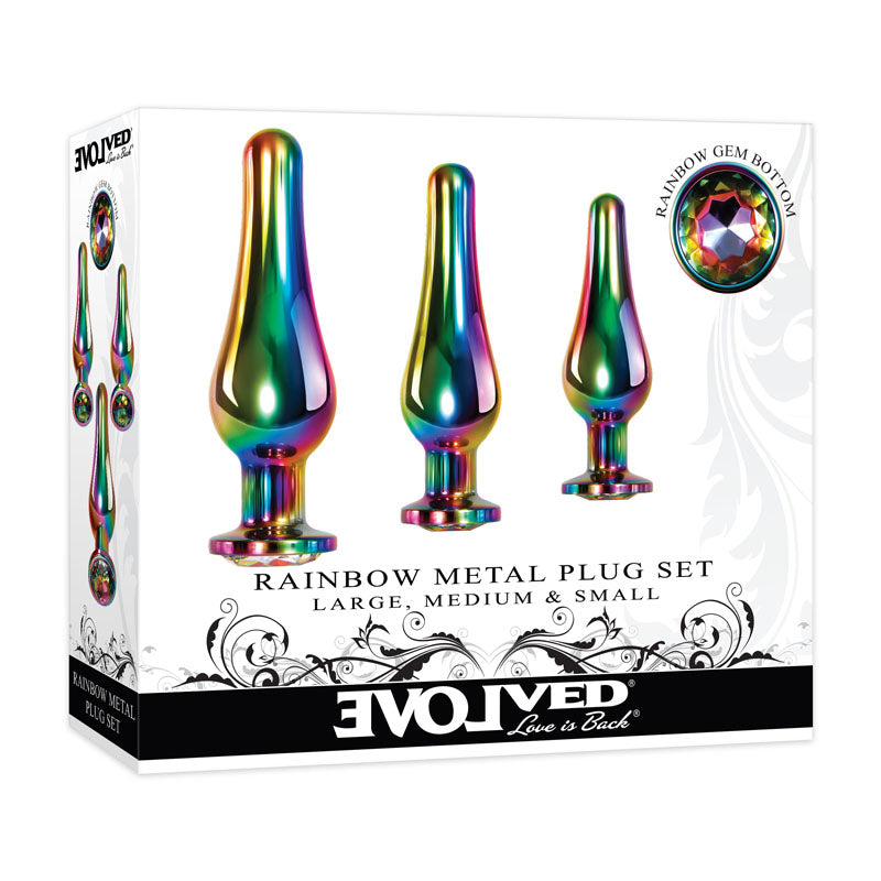 Evolved Rainbow Metal Plug Set Coloured Butt Plugs Set Of 3 Sizes Evolved