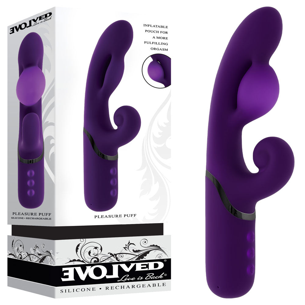Evolved PLEASURE PUFF USB Rechargeable Inflatable Rabbit Vibrator 24.1cm Purple