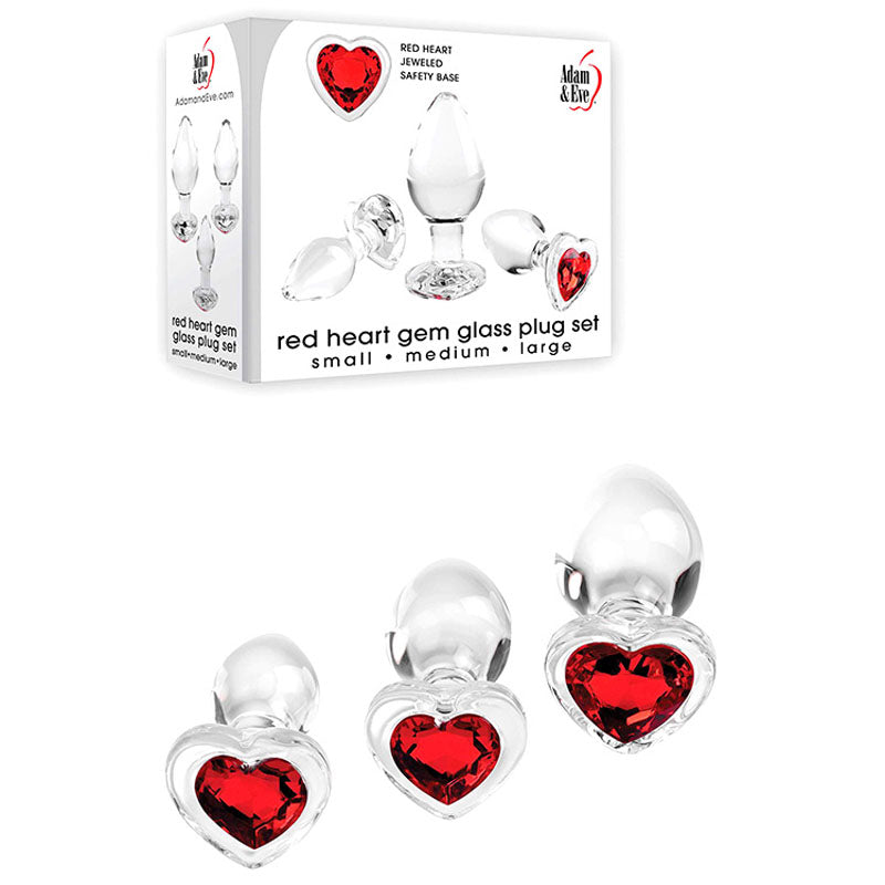 Adam & Eve RED HEART GEM GLASS PLUG SET Butt Plugs Set Of 3 Sizes Adam & Eve