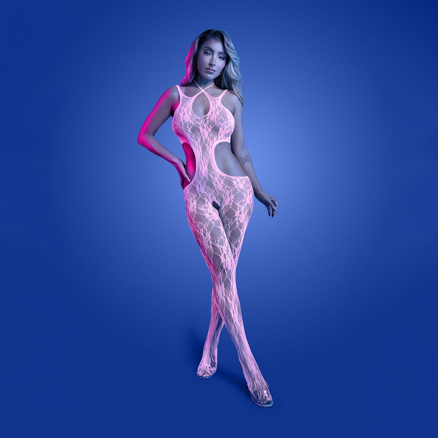 Fantasy Lingerie GLOW Equilibrium Bodystocking Glow In Dark Pink One Size