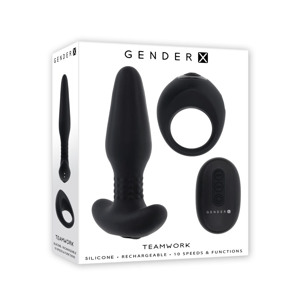 Gender X TEAMWORK USB Rechargeable Rimming Butt Plug & Vibrating Cock Ring Black Gender X