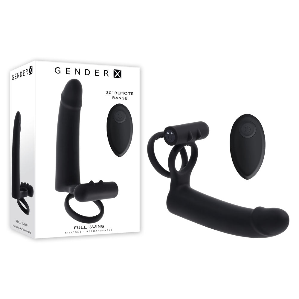 Gender X FULL SWING USB Rechargeable Vibrating Cock Ring With Double Penetrator Dildo Black Gender X