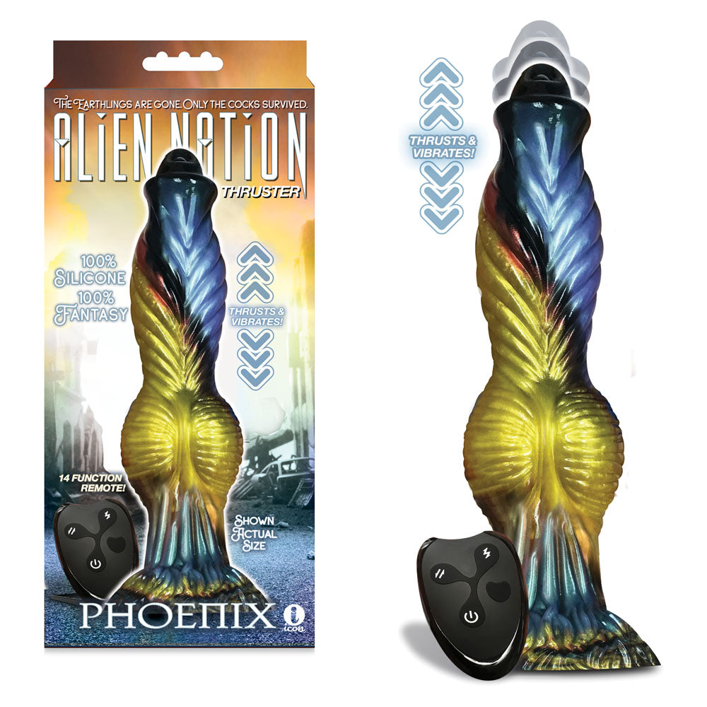 Icon Brands Alien Nation Phoenix USB Rechargeable Thrusting Fantasy Dong With Remote 25.4cm Gold / Blue & Black Icon Brands