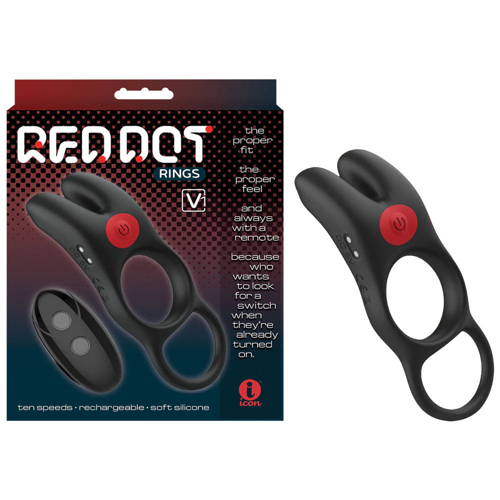 Icon Brands Red Dot Rings V1 USB Rechargeable Vibrating Cock Ring With Remote Black Icon Brands