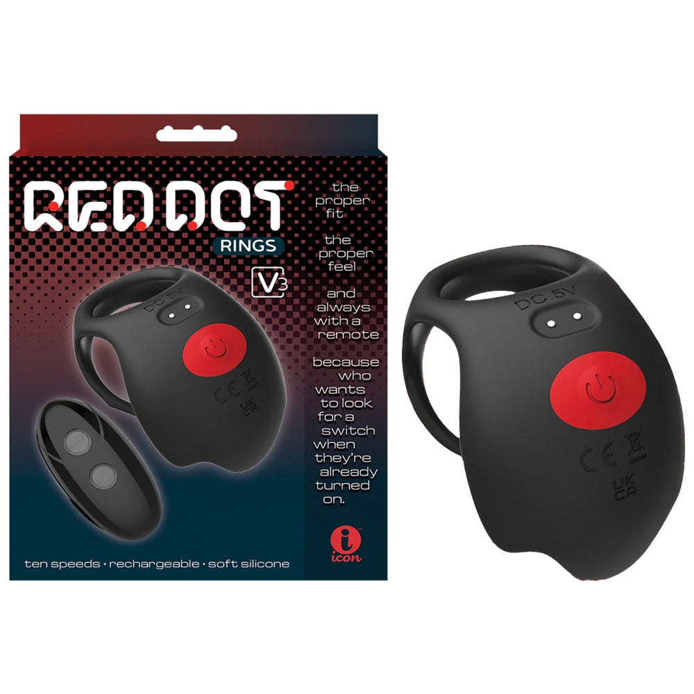 Icon Brands Red Dot Rings V3 USB Rechargeable Vibrating Cock Ring With Remote Black Icon Brands