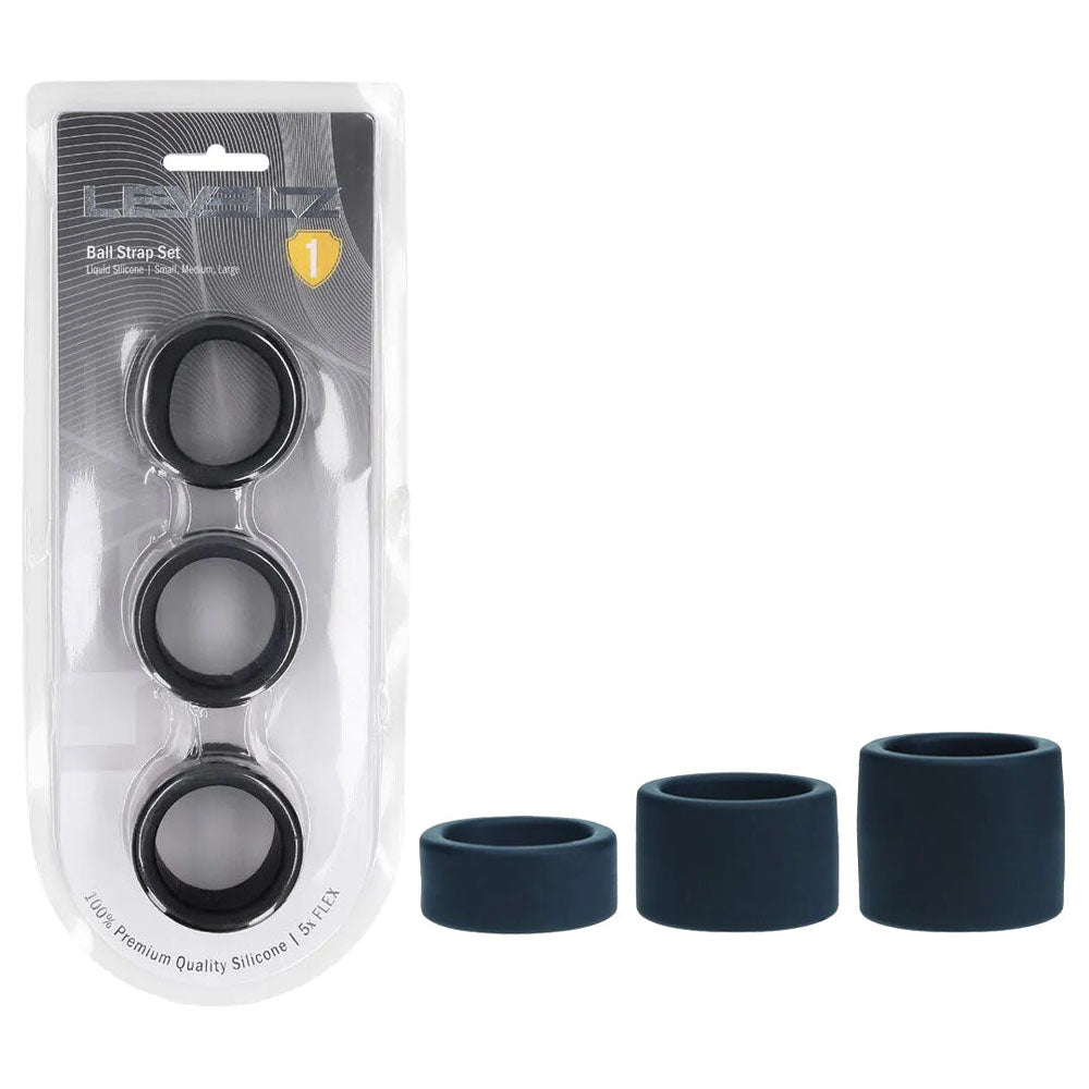 Shots Toys LEVELZ Liquid Silicone Ball Strap Set Of 3 Sizes Black