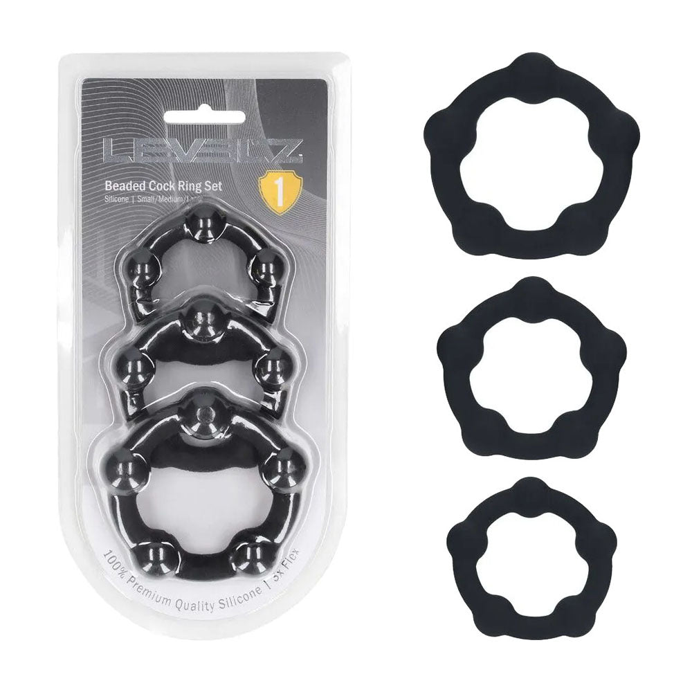 Shots Toys LEVELZ Beaded Silicone Cock Ring Set Of 3 Sizes Black