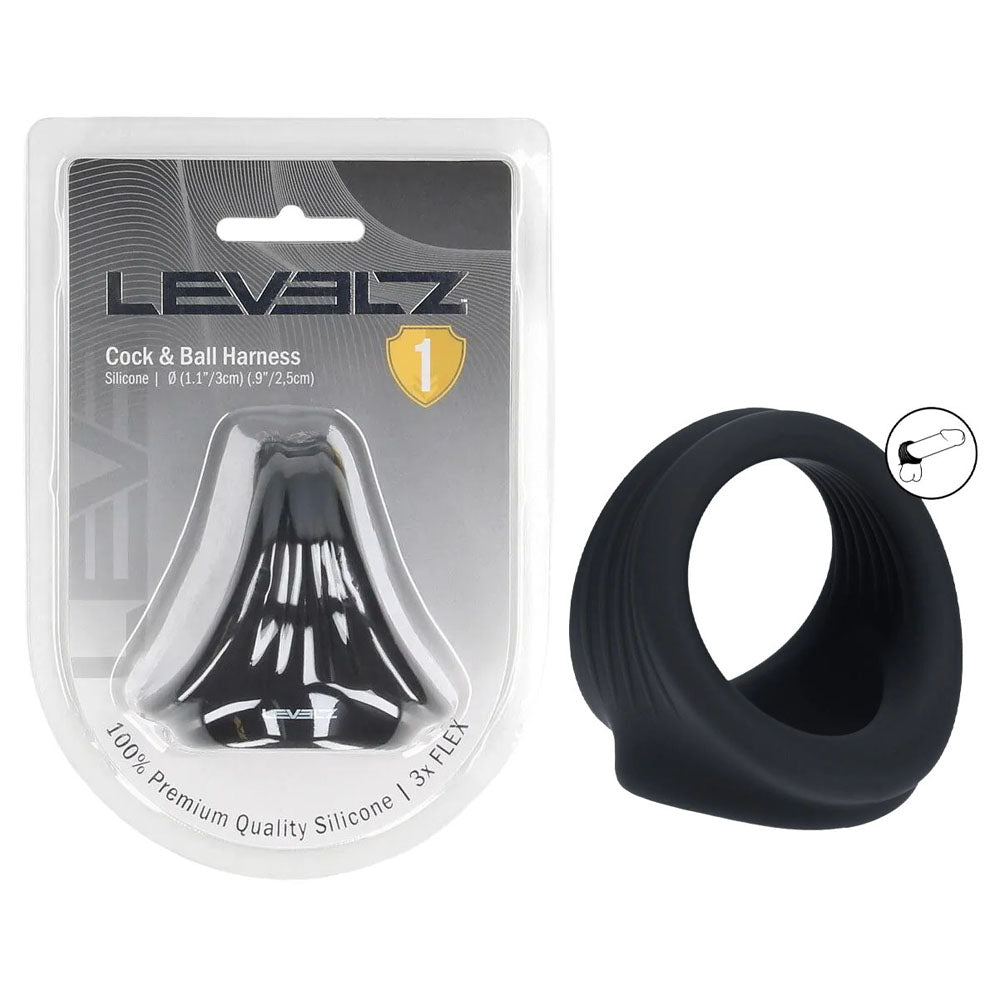 Shots Toys LEVELZ Silicone Cock & Ball Harness Cock & Ball Ring Black