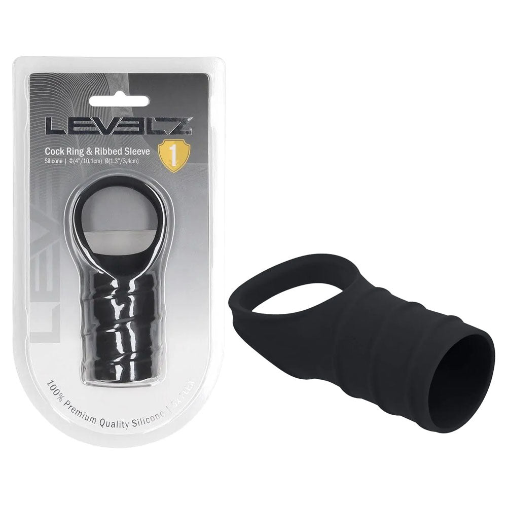 Shots Toys LEVELZ Silicone Cock Ring & Ribbed Sleeve Black