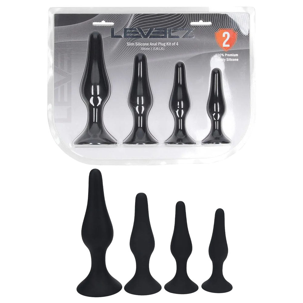 Shots Toys LEVELZ Slim Silicone Anal Plug Kit Set Of 4 Sizes Black