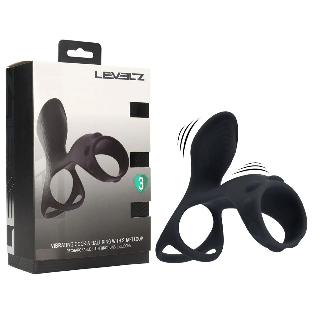 Shots Toys LEVELZ USB Rechargeable Vibrating Cock & Ball Ring With Shaft Loop Black