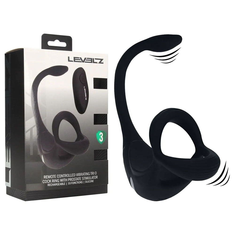Shots Toys LEVELZ Remote Controlled Vibrating TriO Cock Ring With Prostate Stimulator Black