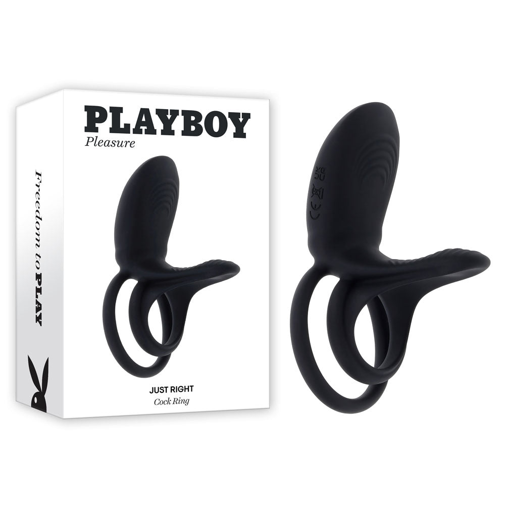 Playboy Pleasure JUST RIGHT USB Rechargeable Vibrating Cock & Balls Rings Black Playboy Pleasure