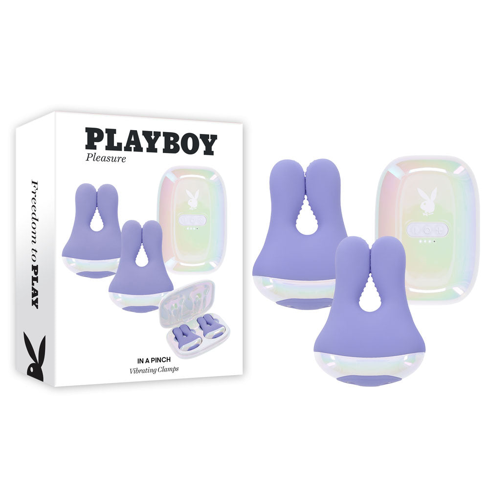 Playboy Pleasure IN A PINCH Rechargeable Vibrating Nipple Clamps With Charging Carry Case Purple Playboy Pleasure