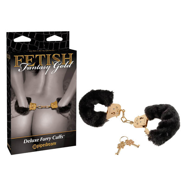Fetish Fantasy Gold Deluxe Furry Cuffs Furry Restraints Black / Gold Pipedream