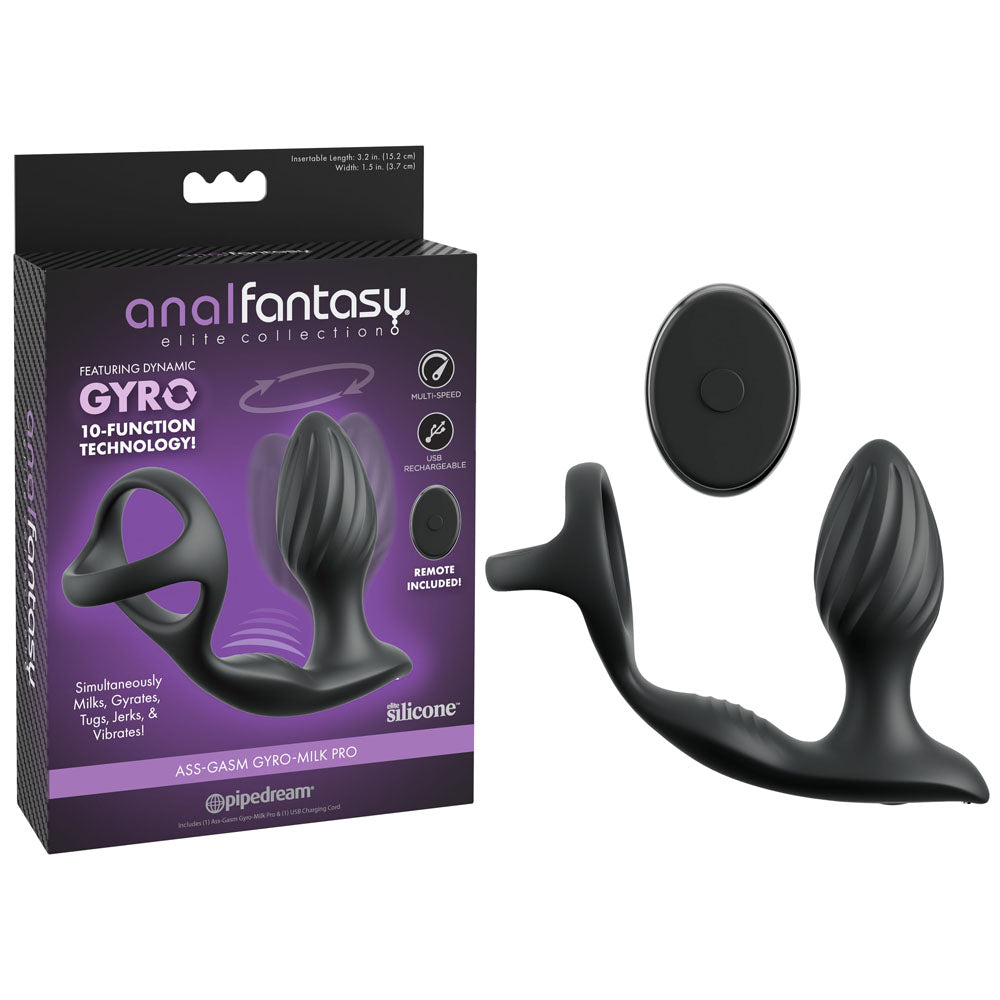 Pipedream Anal Fantasy Elite Ass Gasm Gyro Milk Pro USB Rechargeable Gyrating Butt Plug With Cock Ring Black