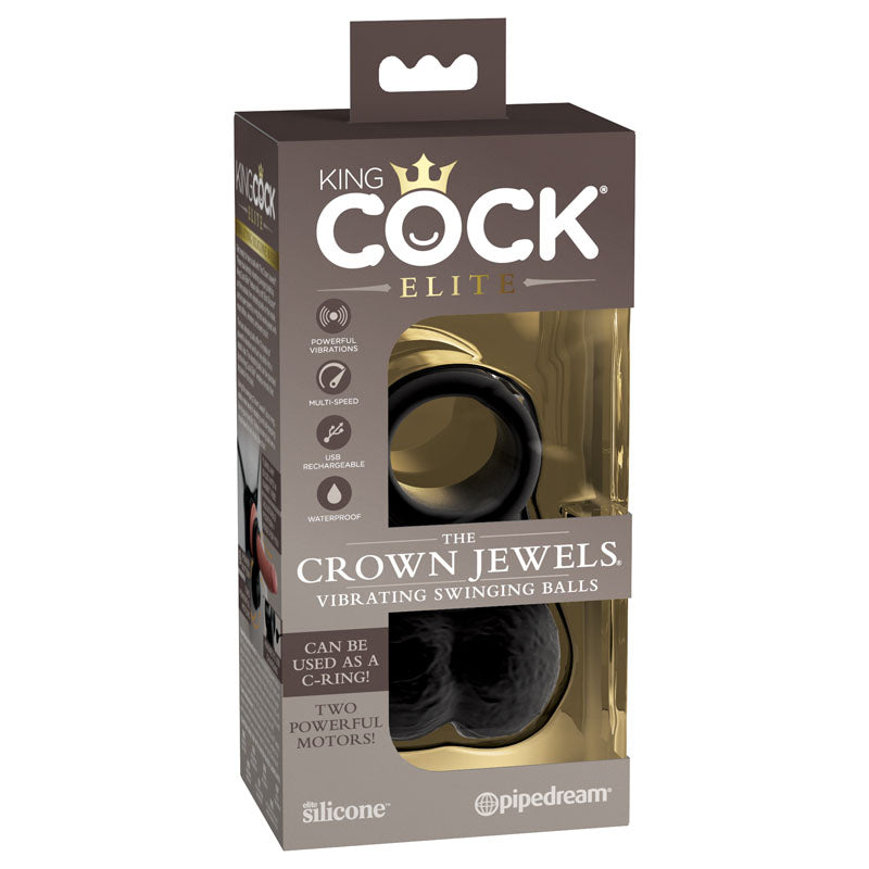 Pipedream King Cock Elite The Crown Jewels Vibrating Silicone Balls USB Rechargeable Vibrating Cock Ring Black Pipedream