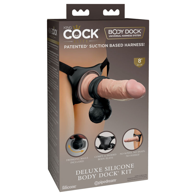 King Cock Elite Deluxe Silicone Body Dock Kit - Body Dock Strap-On Harness with 20.3 cm Dong & Swinging Balls Ring Pipedream