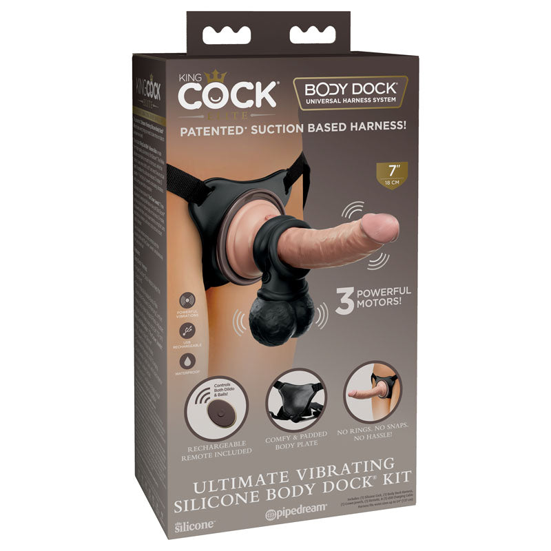 King Cock Elite Ultimate Vibrating Silicone Body Dock Kit - Body Dock Strap-On Harness with 17.8 cm Vibrating Dong & Vibrating Balls Pipedream