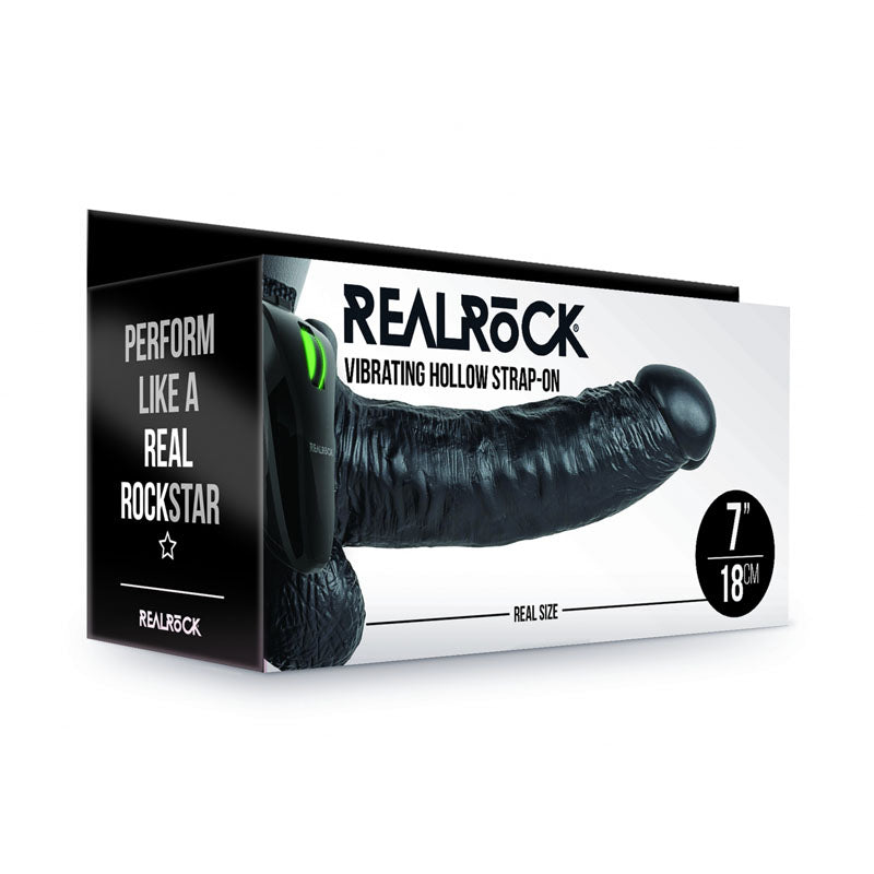 REALROCK Vibrating Hollow Strapon + Balls - 18cm Black - Black 18 cm Vibrating Hollow Strap-On Shots Toys