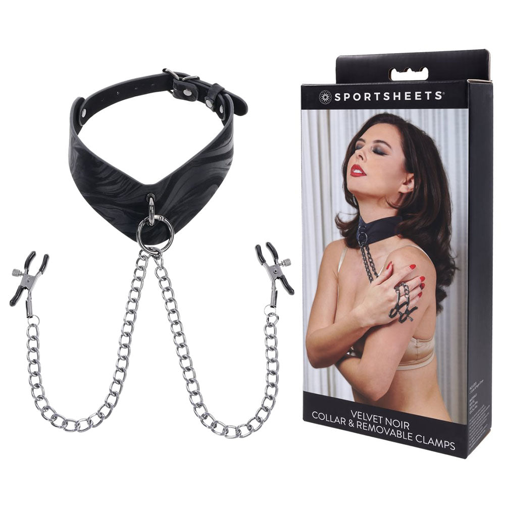 SPORTSHEETS Velvet Noir Collar & Removable Clamps Neck & Nipple Restraints Black Sportsheets