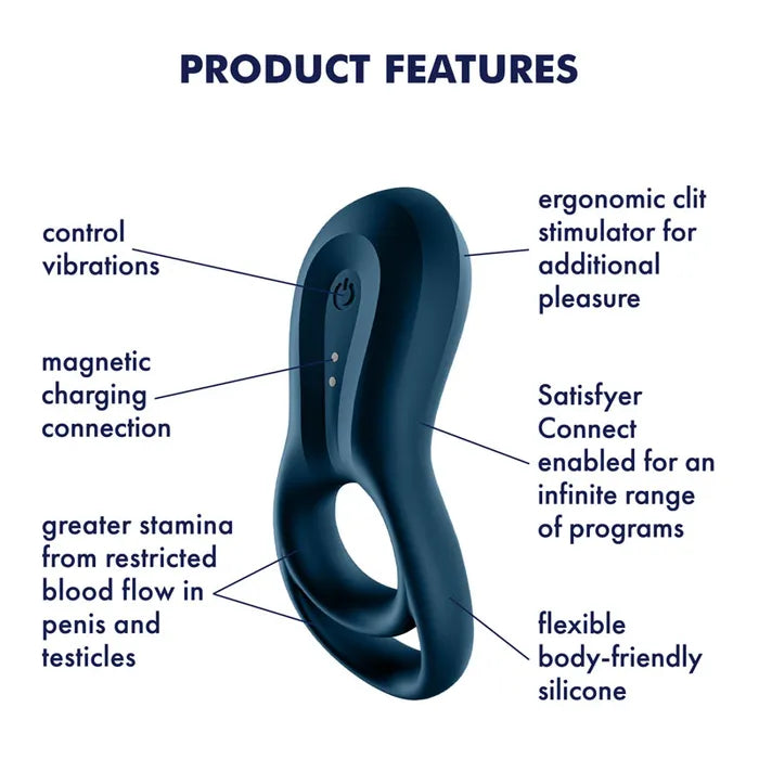 Satisfyer Epic Duo USB Rechargeable Cock & Balls Ring With App Control Navy Blue Satisfyer