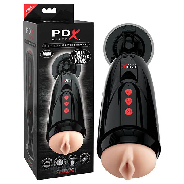 Pipedream Extreme Toyz Elite Dirty Talk Starter Stroker Vibrating Vagina Masturbator With Suction Cup & Sound Effects Flesh Pipedream