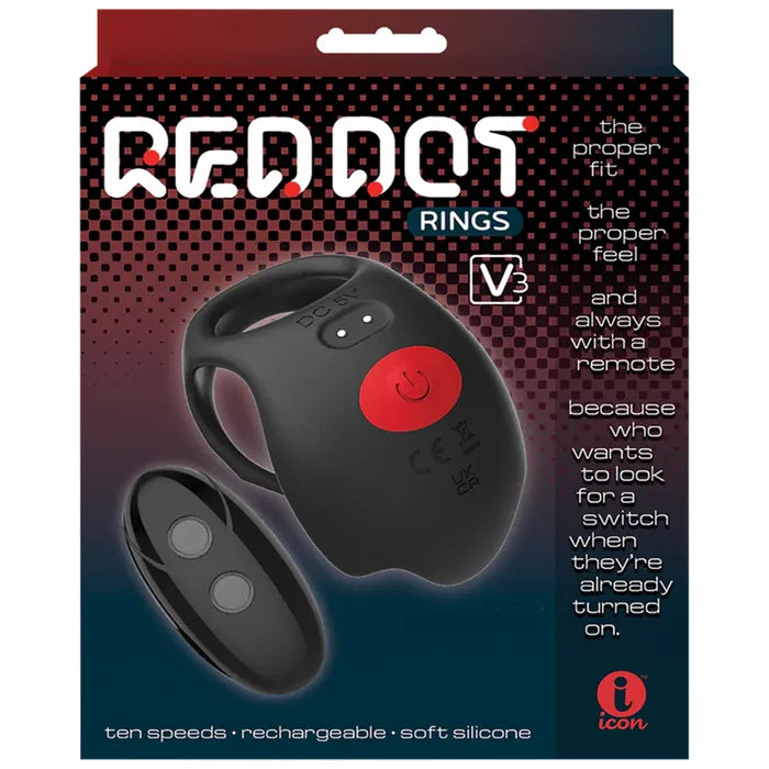 Icon Brands Red Dot Rings V3 USB Rechargeable Vibrating Cock Ring With Remote Black Icon Brands