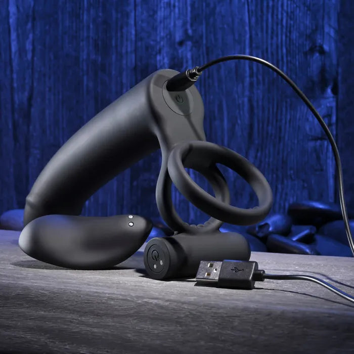 Gender X FULL SWING USB Rechargeable Vibrating Cock Ring With Double Penetrator Dildo Black Gender X