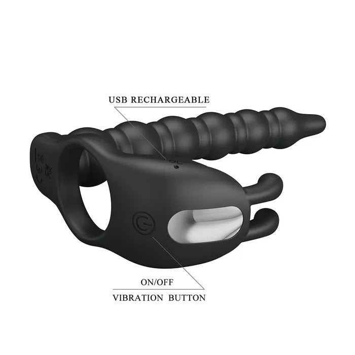 Party Up MARCUS Ring & Anal Plug USB Rechargeable Vibrating Cock Ring With Double Penetrator Black Party Up